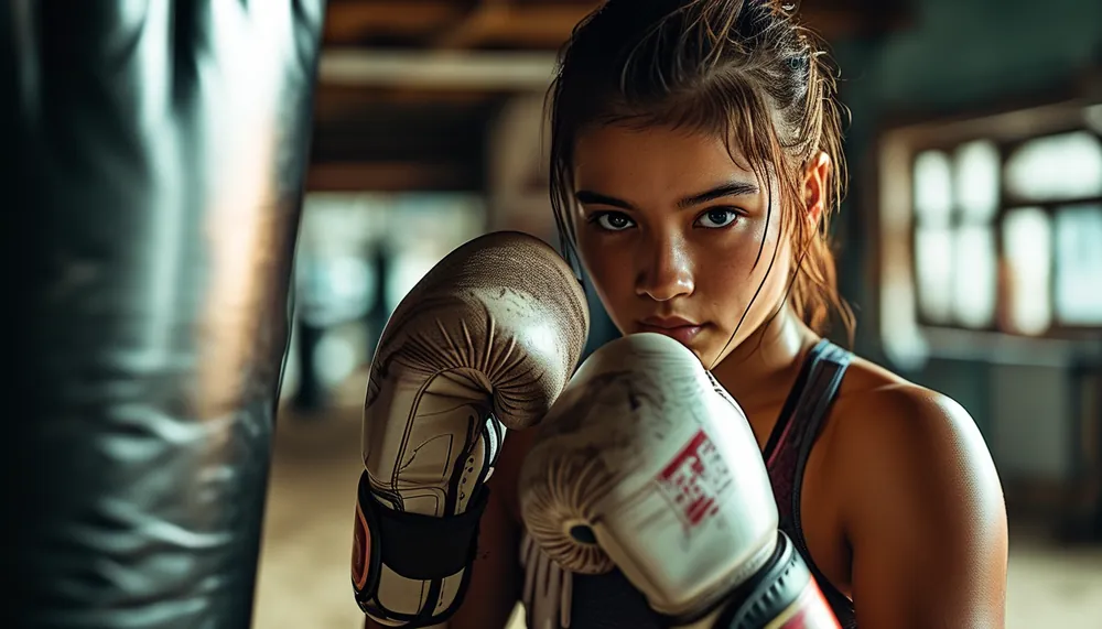 Woman boxing with gloves hitting a bag, powerful