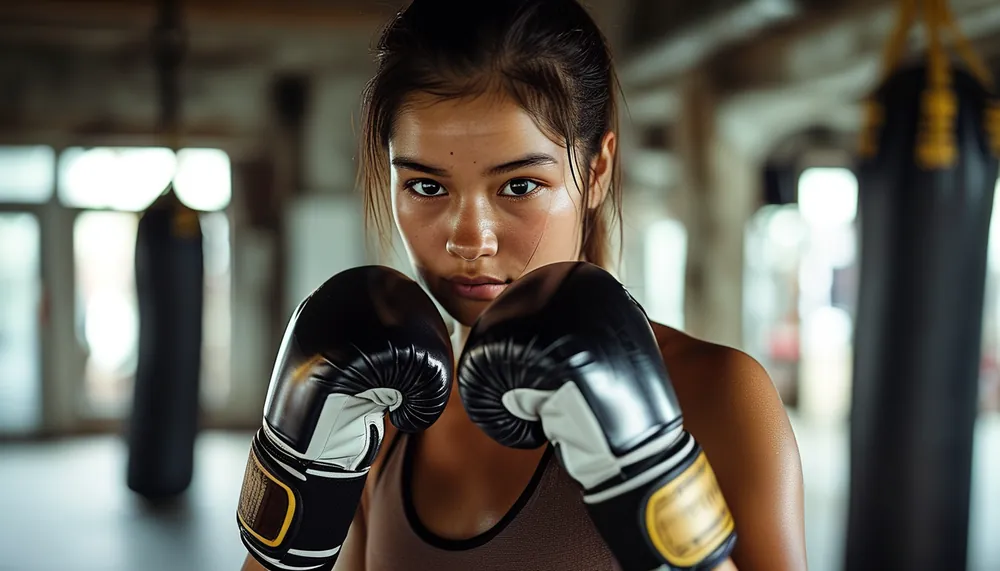 Confident woman in boxing stance with gloves