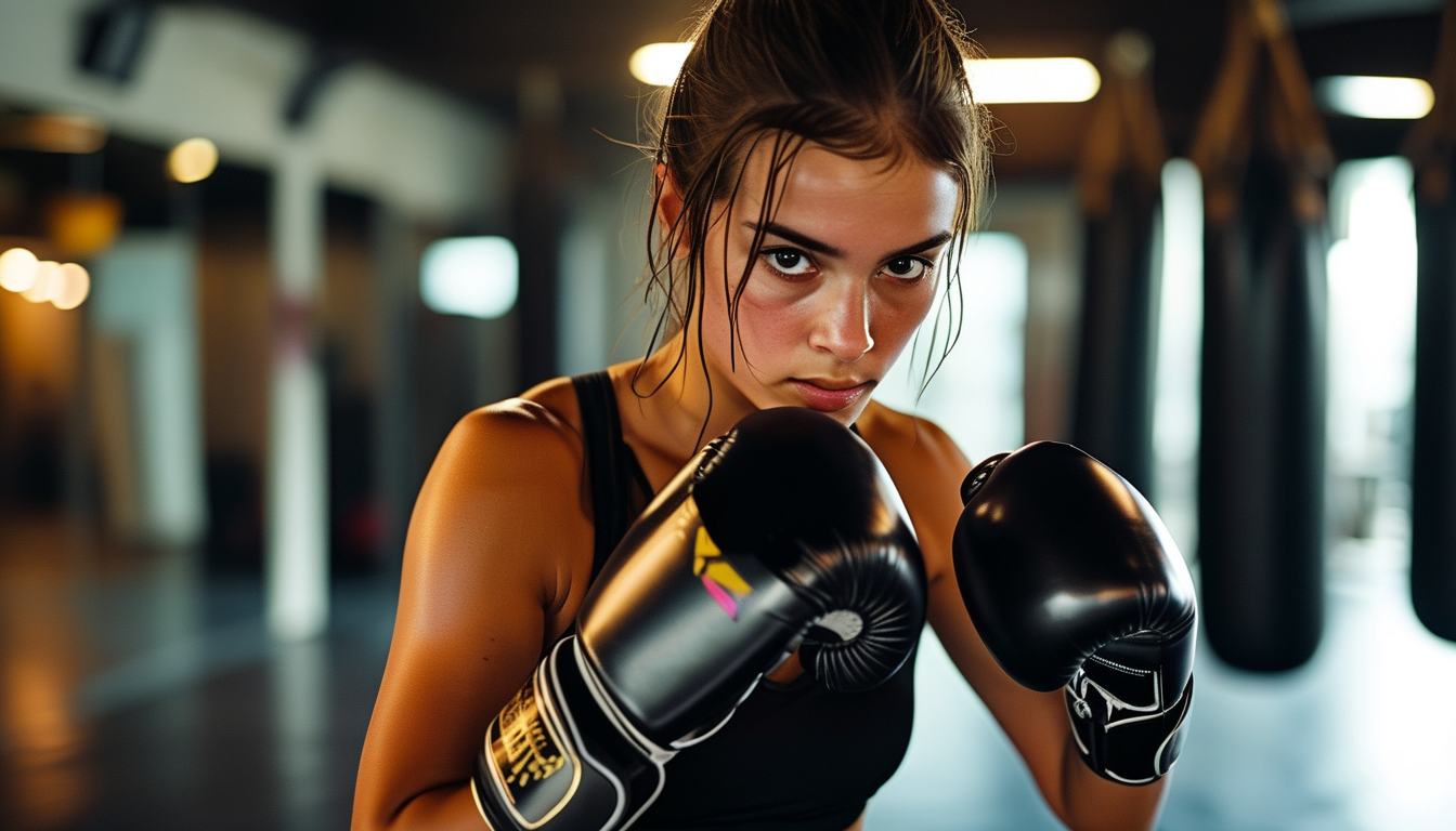 Woman training boxing combinations